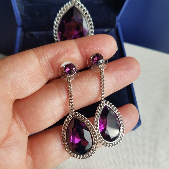 AUTHENTIC Swarovski Large Magenta Purple Teardrop Necklace & Earrings SET - Picture 4 of 16